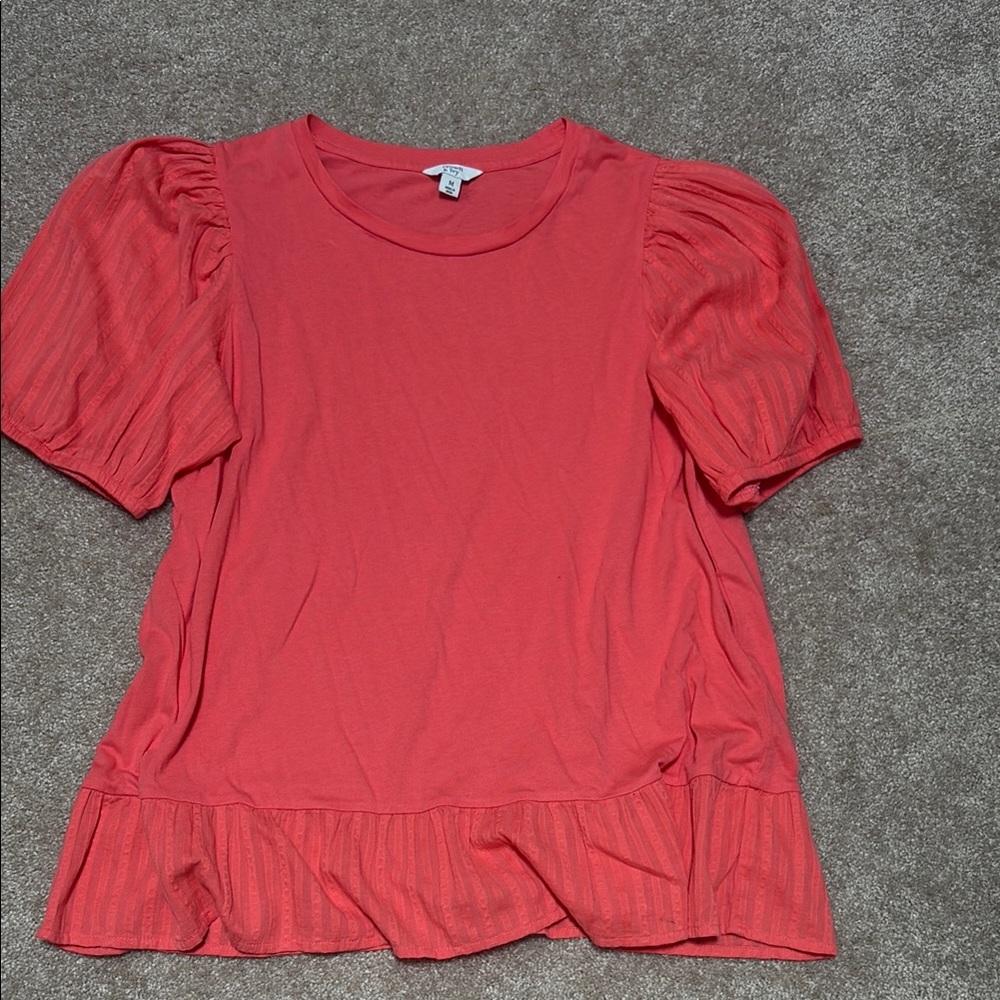 Crown & Ivy Pink Puff Sleeve Ruffled Blouse